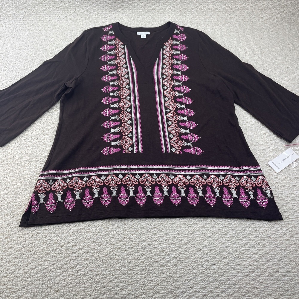 Charter Club Tunic Top Women XL Brown Pink Embroidered Split Neck 3/4 SCotton